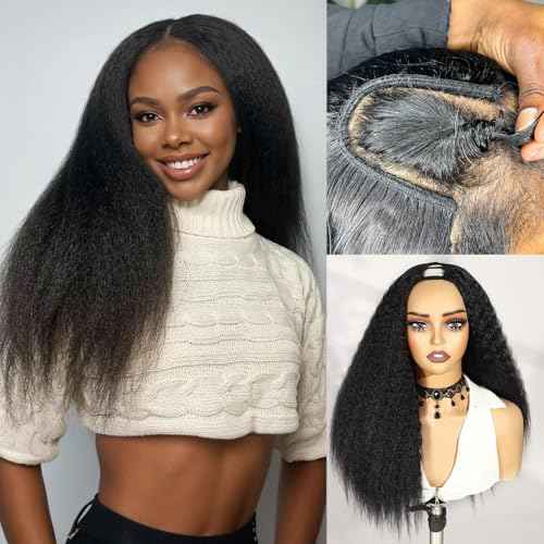 WIGER Kinky Straight U Part Wigs Human Hair Half Wig Natural Color Glueless Thin Leave Out Curly Hair 200% Density 18 Inch kinky Curly Clip in Wigs for Black Women Wear And Go Wig