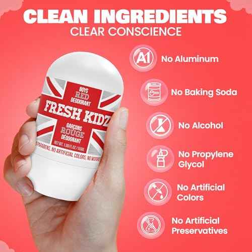 Fresh Kidz Roll On Deodorant for Kids and Teens - Baking Soda and Aluminum-free 24 Hour Protection for Sensitive Skin - Boys "Red" 1.86 fl.oz. (3 Pack)