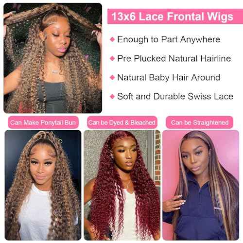28 Inch 13x6 Highlight Ombre Deep Wave Lace Front Wigs Human Hair Pre Plucked #4/27 Colored Glueless Wigs Water Wave Honey Blonde Curly Lace Frontal Wigs Human Hair for Women