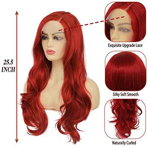 Red Lace Front Wigs for Women Long Curly Wavy Middle Part Natural Looking Wig for Party Cosplay Halloween Daily Use