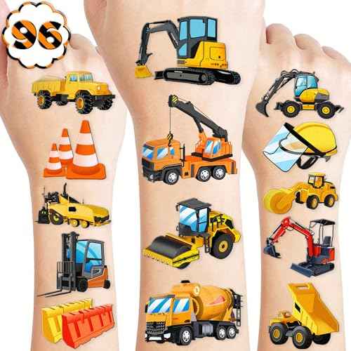 96 PCS Construction Car Truck Pre-Cut Temporary Tattoos for Kids | Super Cute Themed Birthday Party Favors, Supplies, Decorations, Fake Tattoo Stickers (multiple)