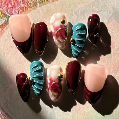Fall Press On Nails - Handmade GEL Medium Length Almond Fake Nails, Brown Rendering Painting Design, Reusable Artificial Almond False Nails for Women 10 Pcs Acrylic Nails Kit (Size S)