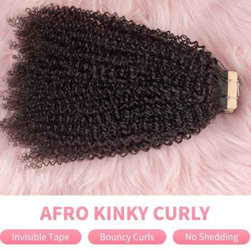 Invisible 4C Afro Kinky Curly Tape in Hair Extensions for Black Women Niawigs Black Color Real Human Hair Tape ins, 40PCS Double Sided PU Skin Weft 22 Inches