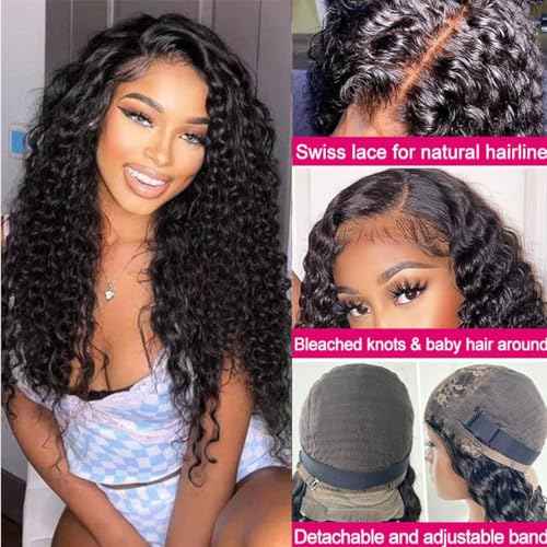 28 Inch Deep Wave Lace Front Wigs 4x4 Lace Closure Human Hair for Black Women Wet and Wavy Wigs Human Hair Curly Wig with Baby Hair Deep Wave Glueless Human Wig Pre Plucked Natural Black