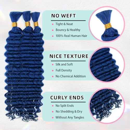 20 Inch Deep Wave Human Braiding Hair for Boho Braids ? 120g 3 Bundles/Pack Blue 100% Unprocessed 12A Brazilian Virgin Human Hair Bulk, No Weft, Wet & Wavy Curly Extensions