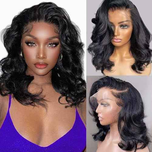 Bob Wig Human Hair 12 Inch 13x4 Lace Front Wigs Human Hair Pre Plucked 200% Density Short Body Wave Bob Wig Natural Color Glueless Bob Wigs for Black Women 12 Inch