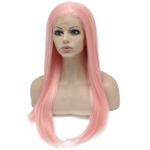 MX angel Long Straight Synthetic Lace Front Half Hand Tied Wigs Cosplay Party (Pink)