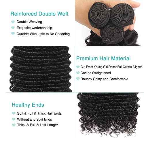 Deep Wave Raw Human Hair Bundles Natural Black Color 22 22 22 Inch Brazilian Unprocessed Virgin Hair Color #1b Bundles Human Hair