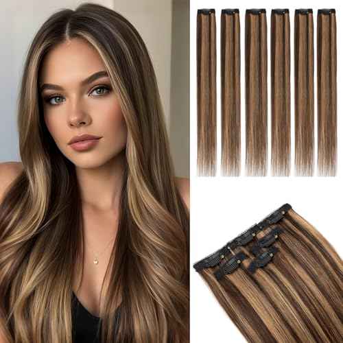 Rich Choices Real Human Hair Clip In Extensions-6 Pcs Single Clip Design-Invisible Clip in Extensions for Thin Hair-Hairpieces for Women/Men-22 Inches #2RP6 Chocolate Brown Highlight Light Brown