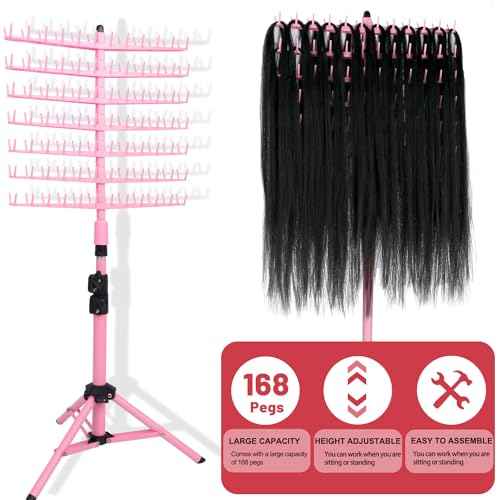 Height Adjustable Braiding Hair Rack 168 pegs, Dual-use Braid rack with Clamp (Pink)