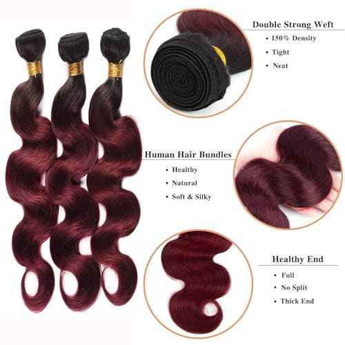 Brazilian Human Hair Bundles 22 24 26 Inch Burgundy T1B/99J Body Wave Bundles Human Hair 11A Unprocessed Brazilian Soft Quick Weave Soft Sewn In Hair for Black Women