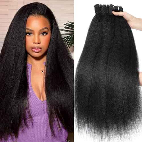 Kinkystraight Human Hair Bundles 3 Bundles 12A 100% Unprocessed Brazilian Virgin Hair Kinky Curly Bundles Human Hair Extensions for Women Quick Weave Yaki Straight Bundles (20 22 24 inch)
