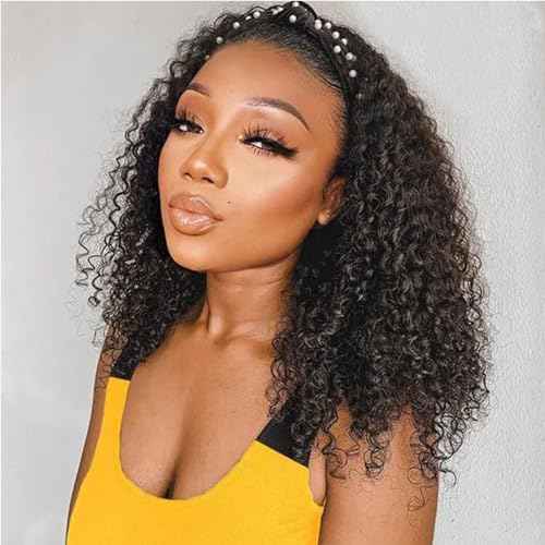 Deep Wave Headband Wig Human Hair 16 Inches Glueless None Lace Front Wigs Machine Made 150% Density Natural Color Human Hair Wigs for Women