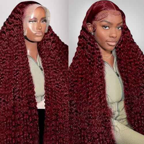 28 Inch 13x6 99j Burgundy Lace Front Wigs Human Hair Wigs For Women 180% Density 99J HD Deep Wave Lace Frontal Wigs Curly Wine Burgundy Wig Pre Plucked With Baby Hair
