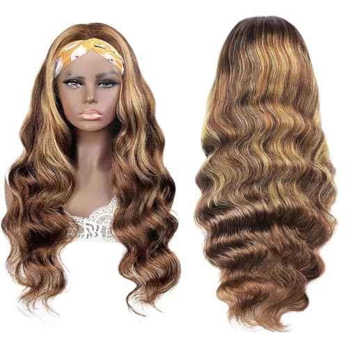 Highlight Ombre Headband Wig Human Hair 4/27 Highlight Body Wave Wigs Human Hair for Black Women Wear and Go Glueless None Lace Front Wigs Brazilian Virgin Headband Wig Human Hair 22 Inch