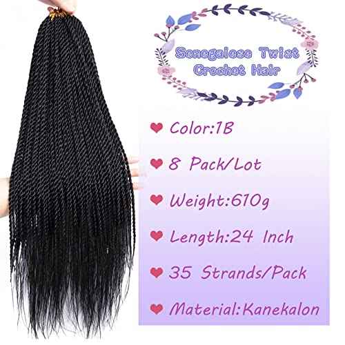 MOSINA Senegalese Twist Crochet Hair for Black Women 8 Packs Crochet Braid for Black Women 35 Strands/Pack Professional Synthetic Hair Pre Looped Crochet Hair(24 Inch,1B)