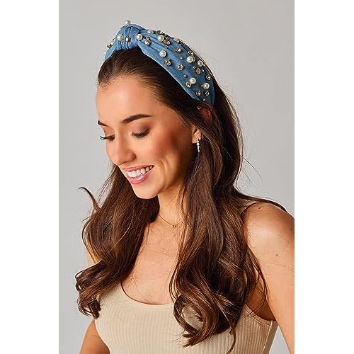 Pearl Knotted Headband for Women White Pearl Rhinestone Crystal Jeweled Embellished Hairband Fashion Elegant Ladies Wide Top Knot Bride Boho Head Band Headpieces Bachelorette Party Hair Accessories