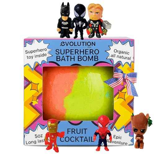 EvolutionUSA 1pc Epic Superhero Bath Bombs for Kids, Super Hero Bath Bomb with Toy Inside, Lush Children Bathbomb, Organic Bathbomb with Surprise Inside, Fizzy Fun Superhero Bath Ball Bath Toy
