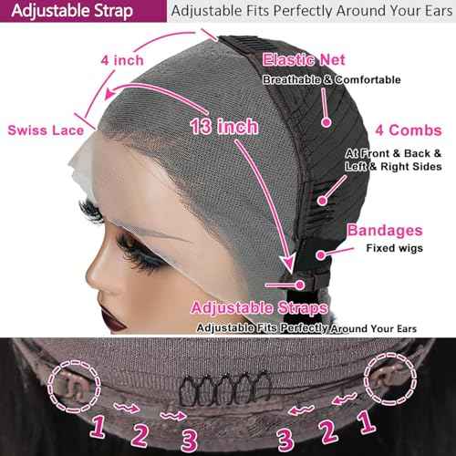 ZIYU Kinky Straight 13x4 Lace Front Wig Human Hair, Kinky Straight Wigs Human Hair Pre Plucked Hairline with Baby Hair, 180% Density Yaki Straight Frontal Wigs for Women Natural Black Color 14 Inch
