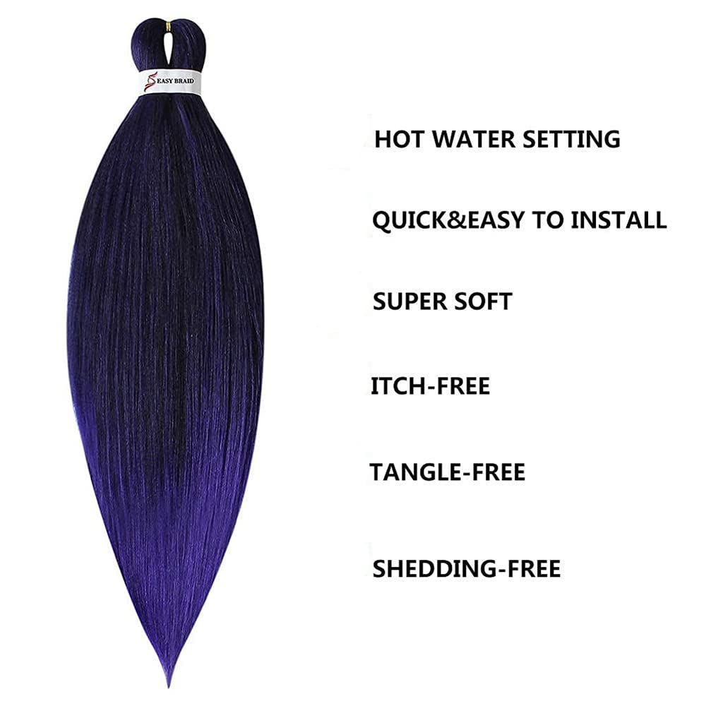 MSBELLE 26inch Pre Stretched Braiding Hair 6 Packs/lot Prestretched Braiding Hair Extensions 100g/Pack Pre Streteched Ombre Hot Water Setting Braids Hair Black to Purple(26inch Black to Purple)