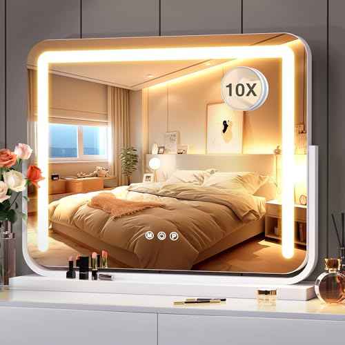 Vanity Mirror with Lights 21"¡¿15.7" LED Makeup Mirror,Dimmable Smart Touch Control Mirror with Lights for Bedroom Tabletop,10X Magnifier &360¡Æ Rotation,Vanity Mirror Square White,Ideal Gifts for Her