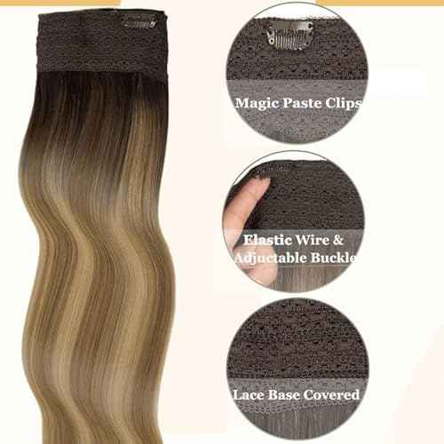 Anrosa Human Hair Extensions with Fish Line Invisible 18Inch 95g Remy Real Hair Extensions Wire Human Hair Balayage Dark Brown to Golden Blonde Wire Hair Extensions Human Hair Adjustable