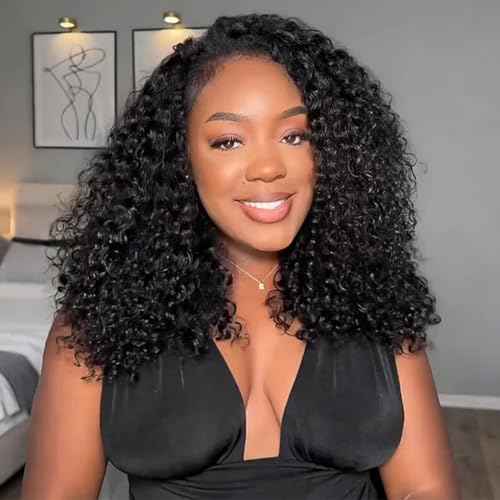 ISEE Half Wig Human Hair Glueless Wigs Upgrade 3 IN 1 Half Wig With Drawstring Seamless Clip Ins Flip Over Kinky Curly Human Hair No Glue No Lace For Women 180% Density 16 Inch