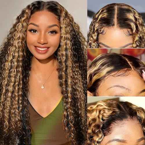 FB/27 Balayage Highlight Lace Front Wig Human Hair,13x6 lace front wigs human hair Pre Plucked 180% Density Deep Wave Wig Ombre Glusless Wigs for Women