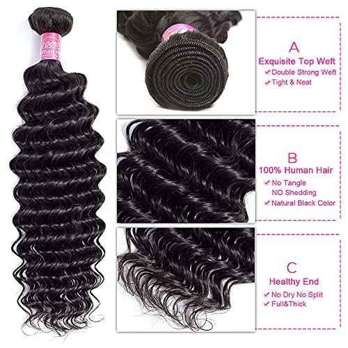 10A Deep Wave Human Hair Bundles with Closure 14 16 18+12 Brazilian Deep Weave Curly Human Hair 3 Bundles with 4x4 Lace Closure Remy Unprocessed Virgin Human Hair Bundle Natural Color