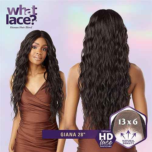 Sensationnel What Lace 13X6 Wigs - Giana 28 Inch Human Hair Blend Lacefrontal Glueless Synthetic With Natural Density Preplucked Hairline (1B OFFBLACK)