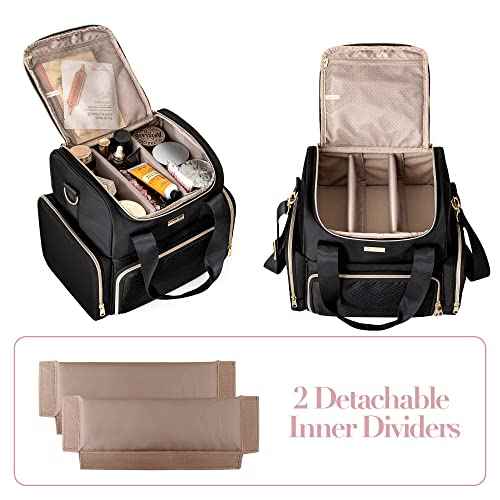 Large Cosmetic Bag with 3 Removable Case, Double Layer Travel Organizer with Inner Dividers and Makeup Brushes Storage Section, Black (Patented Design)