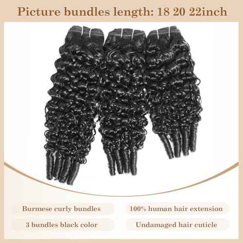 ALLRUN Burmese Curly Bundles Human Hair 3Pcs 16 18 20 Inch Raw Curly Human Hair Bundles with Spiral Ends 3C4A Quick Weave Hair Extensions for Women, Natural Black