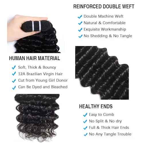 Great Grace 12A Deep Wave Human Hair Bundles 20 22 24 Inch Curly Bundles Human Hair 100% Unprocessed 3 Bundle Brazilian Virgin Human Hair Extensions Quick Weave Natural Black Color