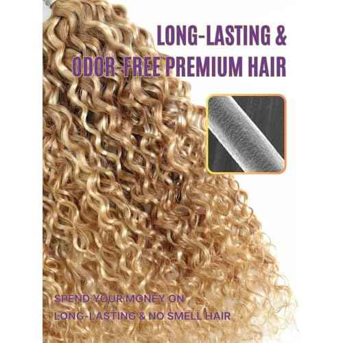 13A 27/613 Human Hair Bundles Water Wave, Highlight Blonde Curly Bundles Wet n Wavy 100% Raw Hair Keep Silky And Soft After Washing #F27/613 Highlight Honey Blonde Sew In Weave 3Pcs 10 12 14IN