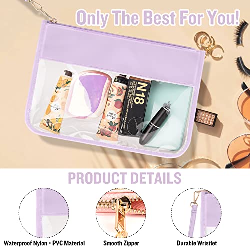 2 Pack Clear PVC Flat Pouch, PU Travel Makeup Bag Clear Zipper Pouch with Wristlet, DIY Chenille Letter Bag Waterproof Portable Small Clear Travel Toiletry Bag Cosmetic Pouch for Women Girls(Black)