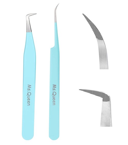 Ms.Queen Eyelash Extension Tweezers Set - Fiber Tip Isolation & 90 Degree Mega Volume Tweezers, Blue