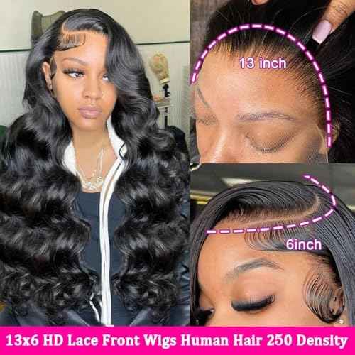 Lzlefho 26 Inch 13x6 Body Wave Lace Front Wigs Human Hair Pre Plucked 250% Density HD Lace Frontal Wig Human Hair For Women Body Wave Glueless Wigs With Baby Hair