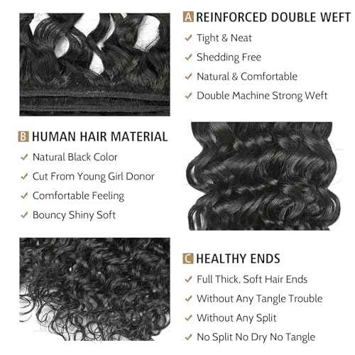 Wequeen 16A Water Wave Human Hair Bundles 14 16 18 Inch 100% Unprocessed Brazilian Virgin Hair Quick Weave Bundles Human Hair Extensions Real Human Hair, Natural Black
