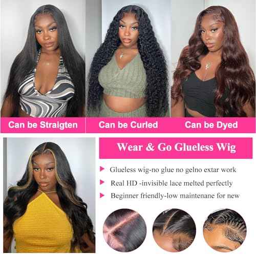 Wear and Go Glueless Wigs Human Hair Pre Cut HD Lace 5X5 Body Wave Lace Wigs Human Hair Pre Plucked 180% Density 3 Seconds to Wear Glueless Wigs for Beginners 28 Inch, Black