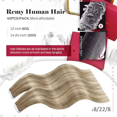 Moresoo 40Pcs Tape in Hair Extensions Human Hair 100G Brown Root to Platinum Blonde with Light Brown Hair Extensions Tape in 20 Inch Human Hair Tape in Real Hair Extensions Fashion Highlight #8/22/8