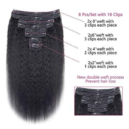 Clip in Hair Extensions Real Human Hair Natural Black Kinky Clip ins Seamless Kinky Straight Clip on Hair Extensions for Women 8pcs with 18 Clips 120g(26inch)