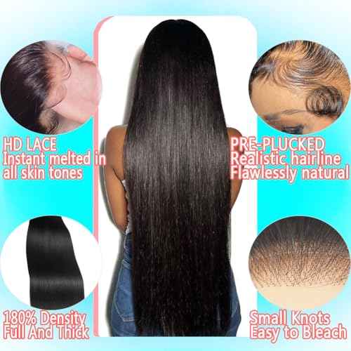 13x6 Lace Front Wigs Human Hair 180 Density Straight HD Lace Front Wigs Human Hair Pre Plucked Glueless Wigs for Women Straight Lace Frontal Wigs Natural Black 22 Inch