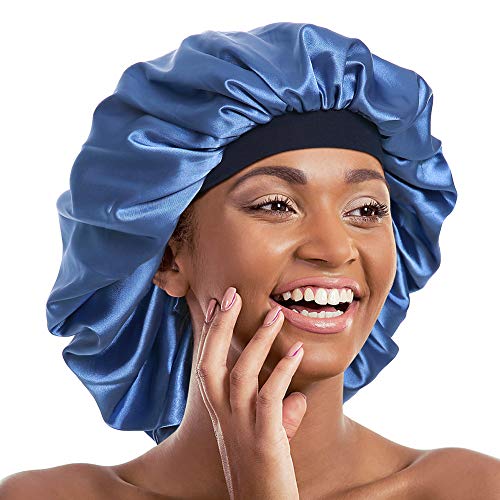 Double Layer Bonnet Long Satin Cap Head Wrap for Sleeping Blue