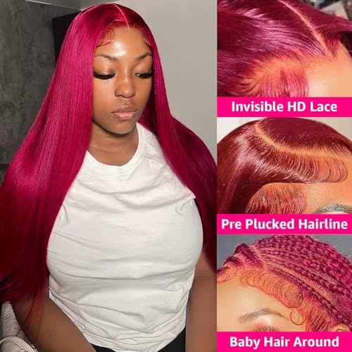 Estilar 99j Burgundy Lace Front Wigs Human Hair 20Inch Burgundy Wig 150% Density Brazilian Virgin Straight Human Hair Wigs for Women Pre Plucked with Baby Hair
