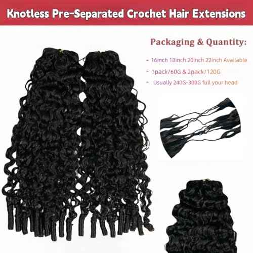 100% Human Hair Knotless Pre-Separated Crochet Hair Extensions with Spiral End Feather Hair Water Curly Feather Line Hair Extensions Natural Color 16Inch 120g