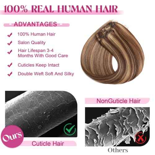 Clip in Hair Extensions Real Human Hair, Remy Human Hair Extensions Clip ins for Women, 100% Natural Human Hair, Double Weftm, 24inch 120g 8Pcs, #4/27 Chocolate Brown to Honey Blonde
