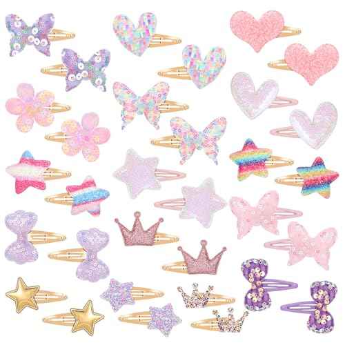 16 Pcs Hair Clips for Teens,Sparkly Metal Snap Barrettes, Cute Glitter Toddler Flower/Star/Crown/Heart/Butterfly Hair Accessory Multicolor Shaped Hair Accessories