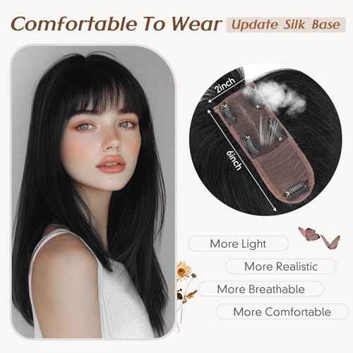 Rich Choices Hair Toppers for Women Real Human Hair 360¡Æ3D Clip in Bangs 100% Remy Human Toppers with Bang for Thinning 150% Density Upgrade Extended 2"*6"Lace Base 12 Inch #01 Jet Black