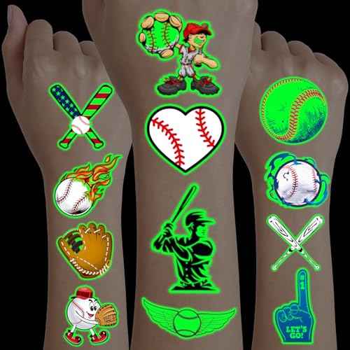 96PCS Baseball Pre-Cut Temporary Tattoos for Kids - Sports Themed Birthday Party Supplies, Fun Stickers for Boys & Girls, Party Favors, School Prizes, Summer Olympic Gifts (Glow in the dart)