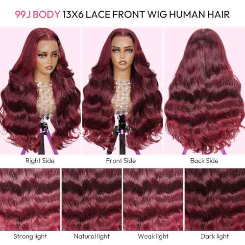 30 Inch 13x6 99j Burgundy Wig Human Hair 200 Density Hd Body Wave Lace Front Glueless Red Wigs Human Hair